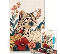 Ocelot Portrait with Floral Arrangement Jigsaw Puzzles1000 Pieces Mind Skill Toy Soothing Play Precision Cut Art Collection Piece (38x26cm)