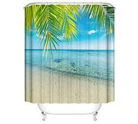 OCEUMACO 3D Ocean Beach Shower Curtain Tropical Teal Sea Seaside Shower Curtains Bathroom Wet Room Green Palm Leaves Outdoor Bath Curtain Mould Proof Resistant Washable 240 x 200 cm Waterproof