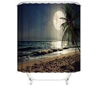 OCEUMACO 3D Ocean Beach Shower Curtain Wet Room Night Sky Sea Scenery Shower Curtains Bathroom Outdoor Palm Moon Stars Bath Curtain Mould Proof Resistant Washable 240 x 200 cm Waterproof