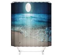 OCEUMACO 3D Ocean Beach Shower Curtain Wet Room Night Sky Teal Sea Scenery Shower Curtains Bathroom Outdoor Moon Stars Bath Curtain Mould Proof Resistant Washable 240 x 200 cm Waterproof