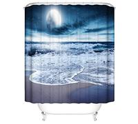 OCEUMACO 3D Ocean Beach Shower Curtain Wet Room Tropical Night Sky Sea Scenery Shower Curtains Bathroom Outdoor Moon Stars Bath Curtain Mould Proof Resistant Washable 240 x 200 cm Waterproof
