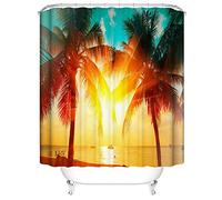 OCEUMACO 3D Ocean Beach Shower Curtain Wet Room Tropical Sea Scenery Shower Curtains Bathroom Outdoor Palm Leaves Orange Sunset Bath Curtain Mould Proof Resistant Washable 240 x 200 cm Waterproof