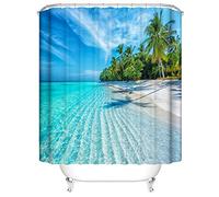 OCEUMACO 3D Ocean Beach Shower Curtain Wet Room Tropical Teal Sea Scenery Shower Curtains Bathroom Blue Outdoor Palm Leaves Bath Curtain Mould Proof Resistant Washable 240 x 200 cm Waterproof