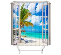 OCEUMACO 3D Ocean Beach Shower Curtain Wet Room Tropical Window View Sea Scenery Shower Curtains Bathroom Blue Outdoor Palm Leaves Bath Curtain Mould Proof Resistant Washable 180 x 200 cm