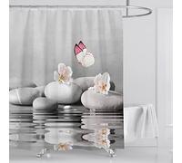 OCEUMACO 3D Shower Curtain Zen Shower Curtains Bathroom Wet Room Outdoor Butterfly Bath Curtain Mould Proof Resistant Washable 180 x 180 cm Waterproof Polyester Fabric with Hooks - Grey