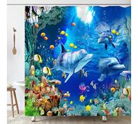 OCEUMACO Dolphin Shower Curtain Anti Mould Proof Resistant Extra Long 180x200cm Drop Blue Ocean Underwater Bath Shower Curtains for Bathroom Wet Room with Hooks Waterproof Fabric - A2