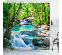 OCEUMACO Garden Shower Curtain Outdoor for Wet Room Fence Extra Wide Fabric 3D Green Trees Blue Waterfall Forest Nature Scenery Bathroom Curtains 240 x 200 cm Anti Mould Waterproof with Hooks