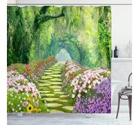 OCEUMACO Garden Shower Curtain Outdoor for Wet Room Fence Long 3D Green Leaves Floral Nature Forest Pink Flowers Scenery Bathroom Shower Curtains 180x180 cm Anti Mould Waterproof with Hooks