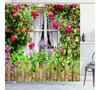 OCEUMACO Garden Shower Curtain Outdoor for Wet Room Fence Long Fabric 3D Window Flowers Floral Green Leaves Scenery Bathroom Shower Curtains 180x180 cm Anti Mould Waterproof with Hooks