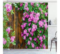 OCEUMACO Garden Shower Curtain Outdoor for Wet Room Outside Extra Wide Fabric 3D Wood Fence Pink Flower Green Picture Scene Bathroom Curtains 240 x 200 cm Anti Mould Waterproof with Hooks