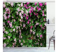 OCEUMACO Garden Shower Curtain Outdoor for Wet Room Outside Fence Extra Long Fabric 3D Pink Flowers Floral Green Leaves Scenery Bathroom Curtains 200cm Drop Anti Mould Waterproof with Hooks