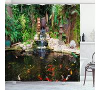 OCEUMACO Garden Shower Curtain Outdoor for Wet Room Outside Fence Extra Wide Fabric 3D Green Leaves Pond with Water Fountain Fish Scenery Bathroom Curtains 240 x 200 cm Anti Mould Waterproof