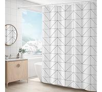 OCEUMACO Herringbone Design Shower Curtain for Wet Room Extra Long Quick Dry Fabric Bathroom Curtains Liner Anti Mould Proof Mildew Resistant Washable 180 x 180 cm Waterproof with Hooks - White