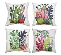 OCEUMACO Linen Cushion Covers 40cm x 40cm for Sofa Bedroom Set of 4 Square Cactus Throw Pillow Cases 16 x 16 Inches Outdoor Decorative Floral Plants Cushion Cover Pack for Home Decor - Green