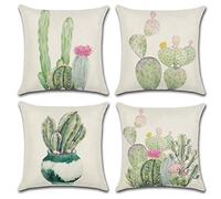 OCEUMACO Linen Cushion Covers 40cm x 40cm for Sofa Bedroom Set of 4 Square Floral Cactus Throw Pillow Cases 16 x 16 Inches Outdoor Decorative Plants Pillowcases Cushions Cover Garden - Green
