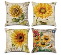 OCEUMACO Linen Cushion Covers 40cm x 40cm for Sofa Bedroom Set of 4 Square Floral Throw Pillow Cases 16 x 16 Inches Outdoor Vintage Sunflowers Bee Pillowcases Cushions Cover Garden - Yellow