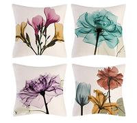 OCEUMACO Linen Cushion Covers 40cm x 40cm for Sofa Bedroom Set of 4 Square Vintage Floral Throw Pillow Cases 16 x 16 Outdoor Decorative Boho Flowers Pillowcases Cushions Cover - Multicoloured