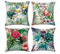 OCEUMACO Linen Cushion Covers 40cm x 40cm for Sofa Garden Set of 4 Jungle Leaves Floral Throw Pillow Cases 16 x 16 Inches Outdoor Green Tropical Leaf Birds Pillowcases Cushions Cover - Colourful