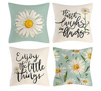 OCEUMACO Linen Cushion Covers 40cm x 40cm for Sofa Garden Set of 4 Square Floral Quotes Throw Pillow Cases 16 x 16 Inches Outdoor Decorative Daisy Flowers Pillowcases Cushions Cover - Aqua Green