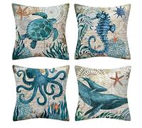 OCEUMACO Linen Cushion Covers 40cm x 40cm for Sofa Garden Set of 4 Vintage Sea Life Throw Pillow Cases 16 x 16 Inches Outdoor Decorative Ocean Animal Print Pillowcases Cushions Cover - Teal Blue