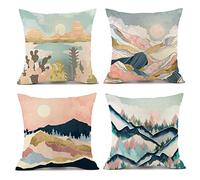 OCEUMACO Linen Cushion Covers 40cm x 40cm for Sofa Set of 4 Square Art Deco Mountain Throw Pillow Cases 16 x 16 Inches Outdoor Luxury Sun Moon Cushion Cover Pack Home Decor - Blush Pink Gold