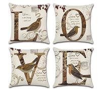 OCEUMACO Linen Cushion Covers 40cm x 40cm for Sofa Set of 4 Square Boho Love Birds Throw Pillow Cases 16 x 16 Inches Outdoor Vintage Floral Quotes Cushion Cover Pack for Home Decor - Brown