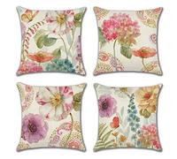 OCEUMACO Linen Cushion Covers 40cm x 40cm for Sofa Set of 4 Square Floral Boho Throw Pillow Cases 16 x 16 Inches Outdoor Ethnic Paisley Flowers Cushion Cover Pack for Home Decor - Red Pink