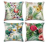 OCEUMACO Linen Cushion Covers 40cm x 40cm Set of 4 Green Jungle Leaf Birds Throw Pillow Cases 16 x 16 Inches Outdoor Decorative Tropical Leaves Floral Cushion Cover Home Sofa - Multicoloured