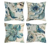 OCEUMACO Linen Cushion Covers 40cm x 40cm Sofa Living Room Set of 4 Square Art Floral Throw Pillow Cases 16 x 16 Inches Outdoor Green Flowers Birds Pillowcases Cushions Cover - Duck Egg Blue