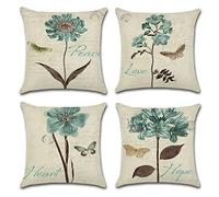 OCEUMACO Linen Cushion Covers 40cm x 40cm Sofa Living Room Set of 4 Square Vintage Quotes Flowers Throw Pillow Cases 16 x 16 Inches Outdoor Butterfly Floral Pillowcases Cushions Cover - Teal Blue