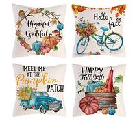OCEUMACO Linen Cushion Covers 45 x 45 cm for Home Sofa Set of 4 Thanksgiving Hello Fall Teal Throw Pillow Cases 18x18 Decorative Autumn Pumpkin Maple Leaf Cushion Cover - Orange Turquoise