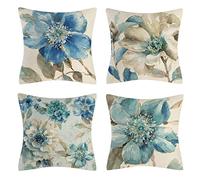 OCEUMACO Linen Cushion Covers 45 x 45 cm for Sofa Bedroom Set of 4 Square Floral Throw Pillow Cases 18x18 Inches Outdoor Decorative Boho Pillowcases Cushions Cover Garden - Duck Egg Blue