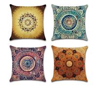 OCEUMACO Linen Cushion Covers 45 x 45 cm for Sofa Bedroom Set of 4 Square Mandala Boho Throw Pillow Cases 18x18 Inches Outdoor Hippie Ethnic Pillowcases Cushions Cover Garden - Multicoloured
