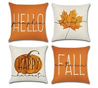 OCEUMACO Linen Cushion Covers 45 x 45 cm for Sofa Set of 4 Decorative Autumn Hello Pumpkin Throw Pillow Cases 18x18 Outdoor Fall Harvest Maple Leaf Pillowcases Cushions Cover - Burnt Orange