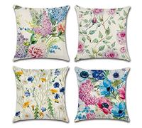 OCEUMACO Linen Cushion Covers 45 x 45 cm for Sofa Set of 4 Square Art Deco Turquoise Blue Flowers Throw Pillow Cases 18x18 Inches Outdoor Floral Cushion Cover Pack Home Decor - Green Pink