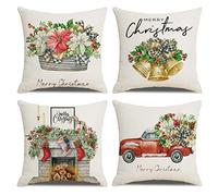 OCEUMACO Linen Cushion Covers 45 x 45 cm for Sofa Set of 4 Square Checked Merry Christmas Throw Pillow Cases 18x18 Inches Farmhouse Outdoor Decorative Xmas Floral Pillowcases Cushions Cover
