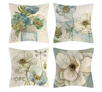 OCEUMACO Linen Cushion Covers 45 x 45 cm for Sofa Set of 4 Square Floral Throw Pillow Cases 18x18 Inches Outdoor Decorative Beige Green Flowers Cushion Cover Pack Home Decor - Duck Egg Blue
