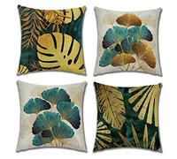 OCEUMACO Linen Cushion Covers 45 x 45 cm Set of 4 Square Ginkgo Jungle Leaf Throw Pillow Cases 18x18 Inches Outdoor Luxury Green Ginko Leaves Cushion Cover Pack for Sofa Home - Gold Teal