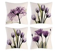 OCEUMACO Linen Cushion Covers 45 x 45 cm Sofa Living Room Set of 4 Square Art Lilac Floral Throw Pillow Cases 18x18 Inches Outdoor Decorative Boho Flowers Pillowcases Cushions Cover - Purple