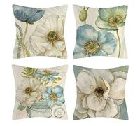 OCEUMACO Linen Cushion Covers 45 x 45 cm Sofa Living Room Set of 4 Square Blue Boho Floral Throw Pillow Cases 18x18 Inches Outdoor Modern Flowers Pillowcases Cushions Cover - Turquoise Beige