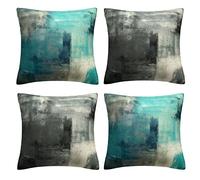 OCEUMACO Linen Cushion Covers 45 x 45 cm Sofa Living Room Set of 4 Square Teal Black Abstract Throw Pillow Cases 18x18 Inches Outdoor Art Deco Pillowcases Cushions Cover - Turquoise Grey