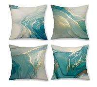 OCEUMACO Linen Cushion Covers 45 x 45 cm Sofa Living Room Set of 4 Square Teal Silver Marble Throw Pillow Cases 18x18 Outdoor Abstract Luxury Pillowcases Cushions Cover - Turquoise Gold