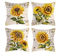 OCEUMACO Linen Cushion Covers 45 x 45 cm Sofa Living Room Set of 4 Square Vintage Flowers Throw Pillow Cases 18x18 Inches Outdoor Floral Sunflowers Pillowcases Cushions Cover - Mustard Yellow