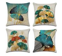 OCEUMACO Linen Cushion Covers 45 x 45 cm Sofa Living Room Set of 4 Turquoise Ginkgo Throw Pillow Cases 18x18 Inches Decorative Outdoor Luxury Leaves Pillowcases Cushions Cover - Gold Teal Blue