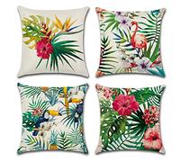 OCEUMACO Linen Cushion Covers 45 x 45 cm Sofa Set of 4 Green Jungle Leaves Throw Pillow Cases 18x18 Inches Outdoor Decorative Tropical Floral Birds Pillowcases Cushions Cover - Multicoloured