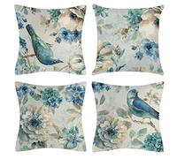 OCEUMACO Linen Cushion Covers 45 x 45 cm Sofa Set of 4 Square Green Floral Art Throw Pillow Cases 18x18 Inches Outdoor Decorative Teal Birds Flowers Pillowcases Cushions Cover - Duck Egg Blue