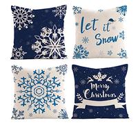 OCEUMACO Linen Cushion Covers 50cm x 50cm Decorations Set of 4 Merry Christmas Throw Pillow Cases 20x20 Inches Decorative Xmas Deer Snowflake Cushion Cover Pack Sofa Home Decor - Navy Blue