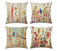 OCEUMACO Linen Cushion Covers 50cm x 50cm for Sofa Bedroom Set of 4 Abstract Floral Throw Pillow Cases 20x20 Inches Outdoor Decorative Art Deco Birds Pillowcases Cushions Cover - Colourful