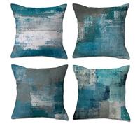 OCEUMACO Linen Cushion Covers 50cm x 50cm for Sofa Bedroom Set of 4 Square Abstract Art Deco Throw Pillow Cases 20x20 Outdoor Vintage Decorative Pillowcases Cushions Cover - Teal Blue Grey