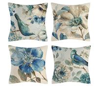 OCEUMACO Linen Cushion Covers 50cm x 50cm for Sofa Set of 4 Square Floral Teal Throw Pillow Cases 20x20 Inches Outdoor Flowers Birds Cushion Cover Pack for Home Decor - Duck Egg Blue